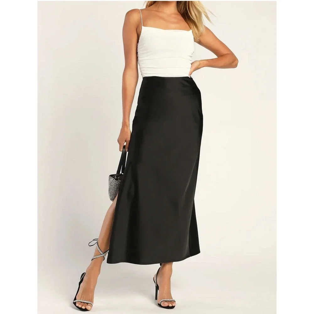 LULUS Smooth‎ Sophistication Black Satin Midi Skirt Side Slit High Waisted M NWT